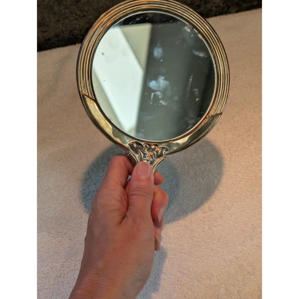 Vintage Antique Art Nouveau Silver Hand Mirror Embossed Flowers  Tiffany ? Heavy